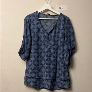 Reitmans Blue Notched Collar Blouse with Buttoned Sleeves